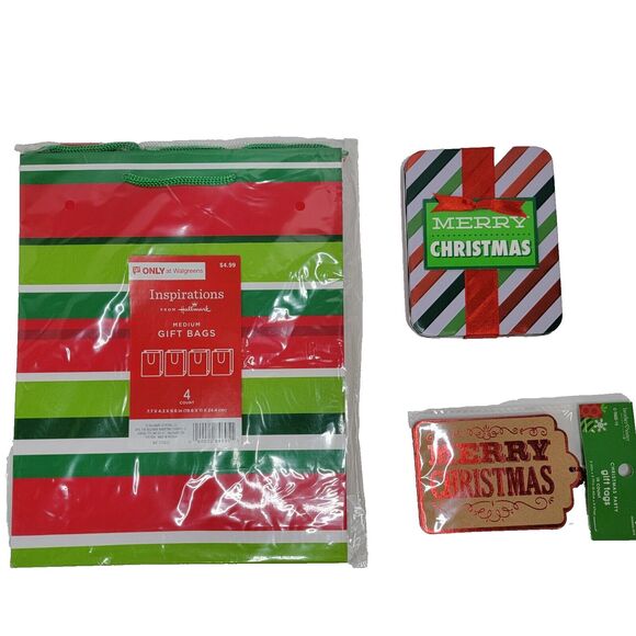 Unbranded Other - 4ct Striped Christmas Gift bags 1 Tin Gift Card Holder W/ 10 Ct. Gift Tags